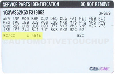 Pontiac Paint Code Service Parts Identification Label