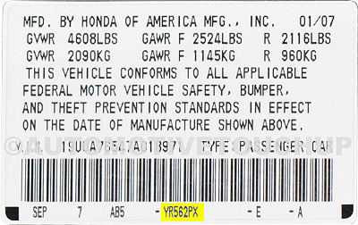 Acura Paint Code Door Tag