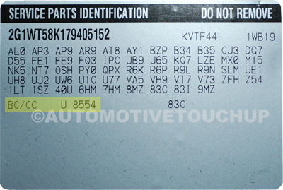 Cadillac Paint Code Service Parts Identification Label