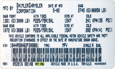 Chrysler Paint Code Label