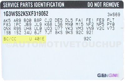 GMC Paint Code Service Parts Identification Label