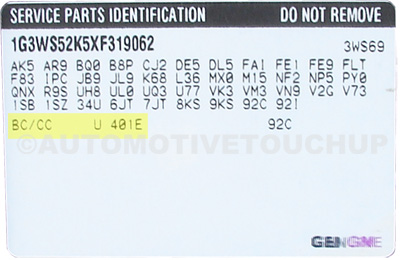 Hummer Paint Code Service Parts Identification Label