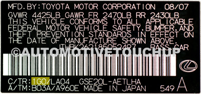 Lexus Paint Code Door Tag