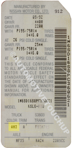 Nissan Paint Code Door Tag